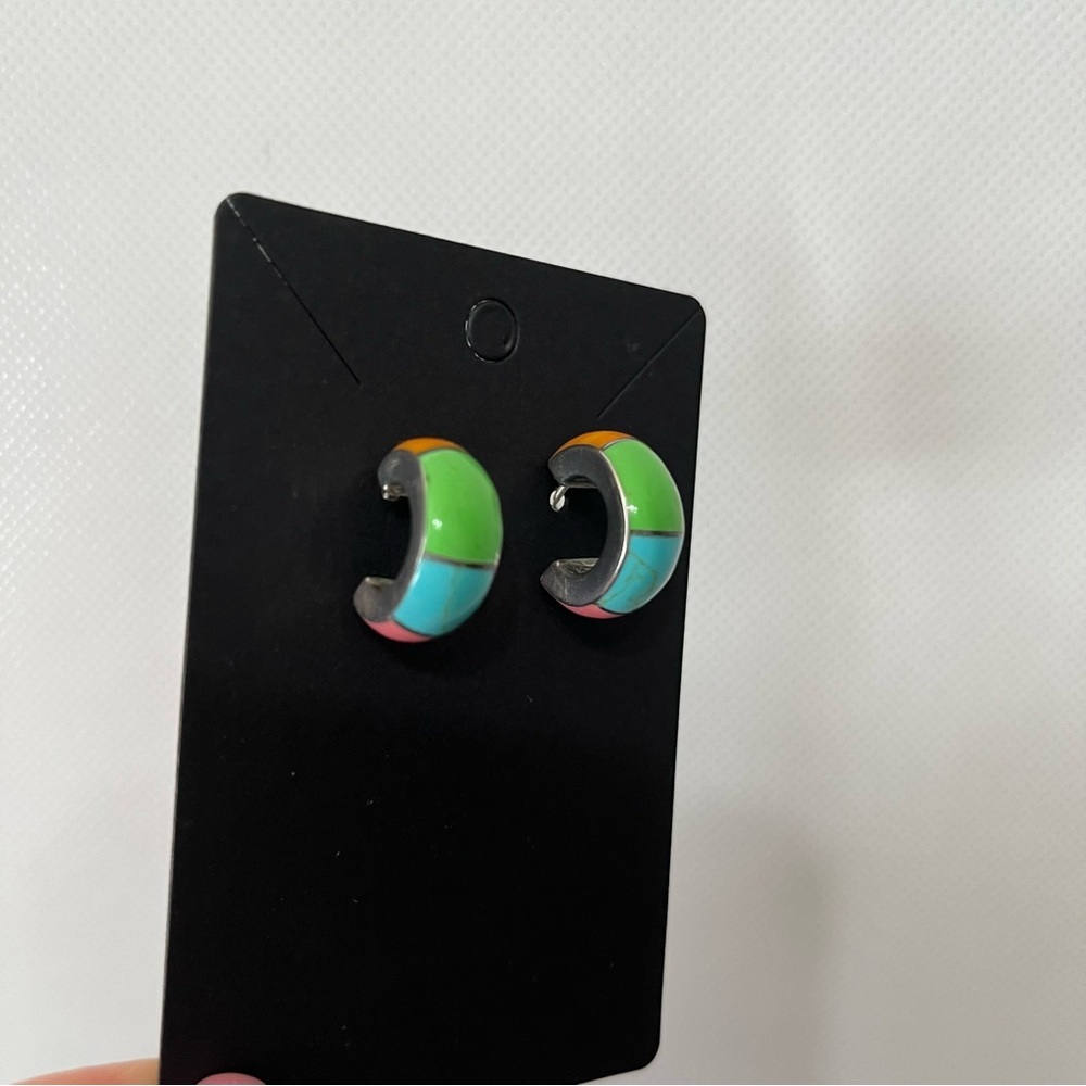 Vintage Multi Color Stone 925 Mexico Silver Chunky Mini Hoop Earrings